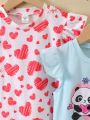 SHEIN Kids QTFun 3pcs/Set Girls' Cute Daily Round Neck T-Shirt With Ruffle Sleeve, Spring/Summer