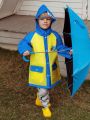 Boys' Cute Yellow And Blue Splicing Letter & Spaceship Print Reflective Strip Raincoat For All Seasons