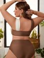 SHEIN Swim Vcay Women'S Plus Size Drawstring Ruched Contrast Color Swimsuit Set