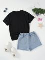 Teen Girls' Vintage Y2k Street Style Cool Sculpture Print Loose Fit, Soft, And Comfortable Black Short Sleeve T-Shirt & Basic Loose Fit, Soft, And Comfortable Water Wash Light Blue Denim Shorts
