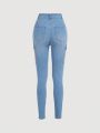 SHEIN Teen Girls' Casual Mid Waist Slim Fit Workwear-style Jeans