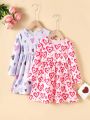 SHEIN Kids Y2Kool Young Girl Heart Printed Long-Sleeved Dress, Two-Piece Set