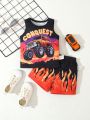 Baby Boys' Summer Street Style Off-Road Vehicle And Letter Printed Vest And Shorts Set