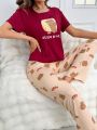 Ladies Bear English Print Short Sleeve Pants Pajama Set