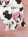 Baby Girl's 2 In 1 Flying Sleeve Jumpsuit With Big Bowknot And Cow Print