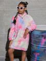 Tween Girl Tie Dye Drop Shoulder Flannel Hoodie Dress With Bag
