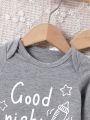 SHEIN Baby Boy's Cute Letter & Milk Bottle Print Long Sleeve Romper With Footies, 2pcs Sleepwear Set In Multiple Colors