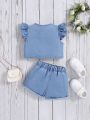 SHEIN SHEIN Baby Girl Spring Summer  Boho Lovely Doll Casual Soft And Comfortable Denim Bell Sleeve Top And Shorts Outfit Jeans Shorts  Clothes Set