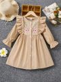 SHEIN Kids EVRYDAY Little Girls' Floral Embroidery Dress With Single Breasted Button And Ruffle Hem