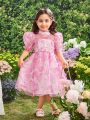 SHEIN Kids FANZEY Young Girl's Stand-Up Collar Puff Sleeve Floral Pattern Organza Dress