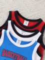 SHEIN Baby Boy 3pcs Sport Style Sleeveless Romper With Letter Print And Color Block Design, Snaps At Crotch