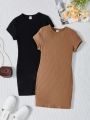 SHEIN Kids Cooltwn Girls' Casual And Daily Wear Solid Colored Knitted Short-sleeved Dress With Round Neck