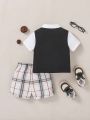 SHEIN Baby Boys' Color Block Polo Shirt With Bow Tie Decoration And Plaid Shorts Outfit Set