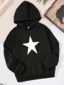 SHEIN Boys' Loose Fit Casual Hooded Sweatshirt With Star Pattern And Drop Shoulder Design