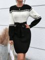 SHEIN Essnce Colorblock Drop Shoulder Belted Sweater Dress