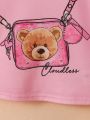 SHEIN Kids QTFun Toddler Girls' Knitted Bear Shape Pocket Tee With Printed Pattern