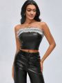 Icel New York Pu Leather Bustier Top With Fuzzy Detailing