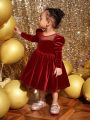 SHEIN 1pc Baby Girl Velvet Bubble Sleeve Dress With Mesh Patchwork For Formal Occasions