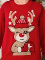 Teen Girl Christmas Elk Pattern Drop Shoulder Sweater