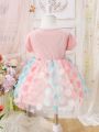 Baby Girls' Patchwork Tulle Flower Applique Bow Decorated Dress