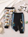 Baby Boys' 2pcs/set Excavator Printed Warm Sports & Leisure Pants For Daily Wear