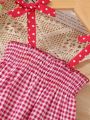 Baby Girl Casual Cute Red And White Plaid Strawberry Appliqué Towel 3d Bowknot Sleeveless Dress, Spring/Summer