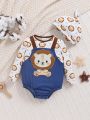 SHEIN Baby Boy Cartoon Animal Pattern Contrasting Color Round Neck Long-Sleeved Bodysuit And Hat Two-Piece Set