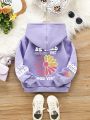 Young Girl Floral & Slogan Graphic Thermal Lined Hoodie
