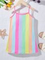 SHEIN Kids Cooltwn Young Girl's Striped Casual Daily Wear Spaghetti Strap Dress For Spring And Summer