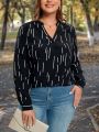 SHEIN LUNE Plus Size Striped Blouse With Notched Collar And Long Sleeves