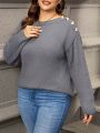 Plus Size Split Hem Casual Pullover Sweater With Faux Button Design