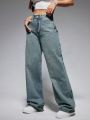 Washed Wide-Leg Jeans With Slanted Pockets