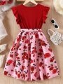 SHEIN Kids HYPEME Girls' Rose Printed Belted Dress