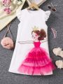 SHEIN Kids CHARMNG Little Girls' Lovely Flutter Sleeve Crown & Character Print Mesh Spliced Dress
