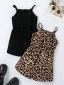 SHEIN Kids EVRYDAY Little Girls' Leopard Print Elastic Waistband Jumpsuit With Adjustable Straps
