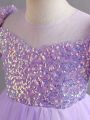 1pc Young Girls' Sparkly Panel Mesh Splice Formal Party Dress