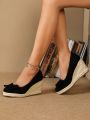 Women's Minimalist Ankle Strap Espadrille Sandals, Vacation Black Suede & Braided Rope Sole Lady Wedge Heels Thick Bottom Shoes