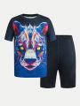SHEIN Boys' Casual Cool Animal Printed Short Sleeve Crewneck Sweatshirt And Shorts Knitted Slim Fit Pajama Set