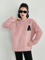 Teen Girl Letter Flocking Drop Shoulder Fuzzy Sweatshirt