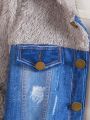 SHEIN Kids HYPEME Little Boys' Spliced Plushy Hooded Jacket And Jeans With Faux Denim Print, 2pcs/set