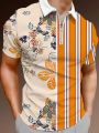 Men's Casual Fashionable Floral Striped Polo Shirt With Turn-Down Collar And Zipper