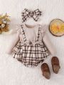 Cute baby plaid printed ruffle front bow combo bodysuit and headband set, soft, comfortable and sweet