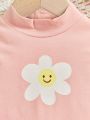 SHEIN Girls' Casual Streetwear Cartoon Flower Printed Stand Collar Long Sleeve T-Shirts