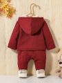 SHEIN Newborn Baby Boy Solid Button Front Teddy Lined Hooded Jacket & Pants Without Tee