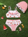 Young Girl's Cute Strawberry Print Plaid Patchwork Swimsuit Set