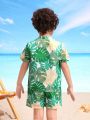 Toddler Boys' Swimwear Set With Plant Pattern Print, Woven Fabric And Matching Hat