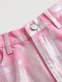SHEIN Teen Girls' Y2k Style Sweet & Cool Pink Metal Treated Silver Casual Loose Comfortable Straight-Leg Jeans