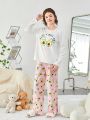 SHEIN Teen Girls' Knitted Cute Avocado Pattern T-shirt And Long Pants Homewear Set