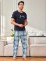 Men's Letter Print Short Sleeve T-Shirt And Plaid Pants Homewear Set