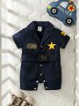 SHEIN Baby Boys' Cute Star Printed Romper With Collar And Belt, Casual Fashionable Outfit For Spring And Summer